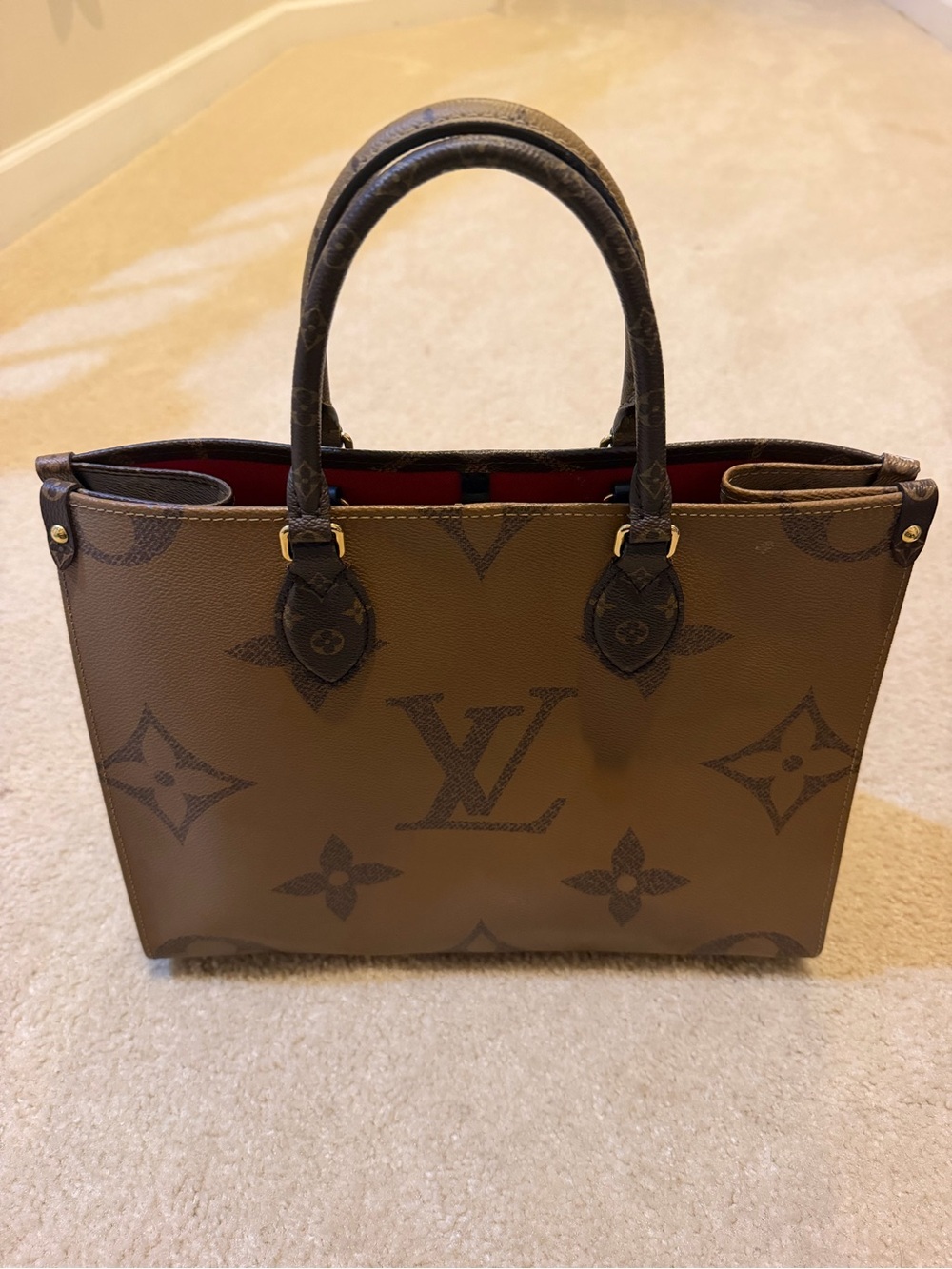 Louis Vuitton Monogram OnTheGo Tote in Brown with Red Interior